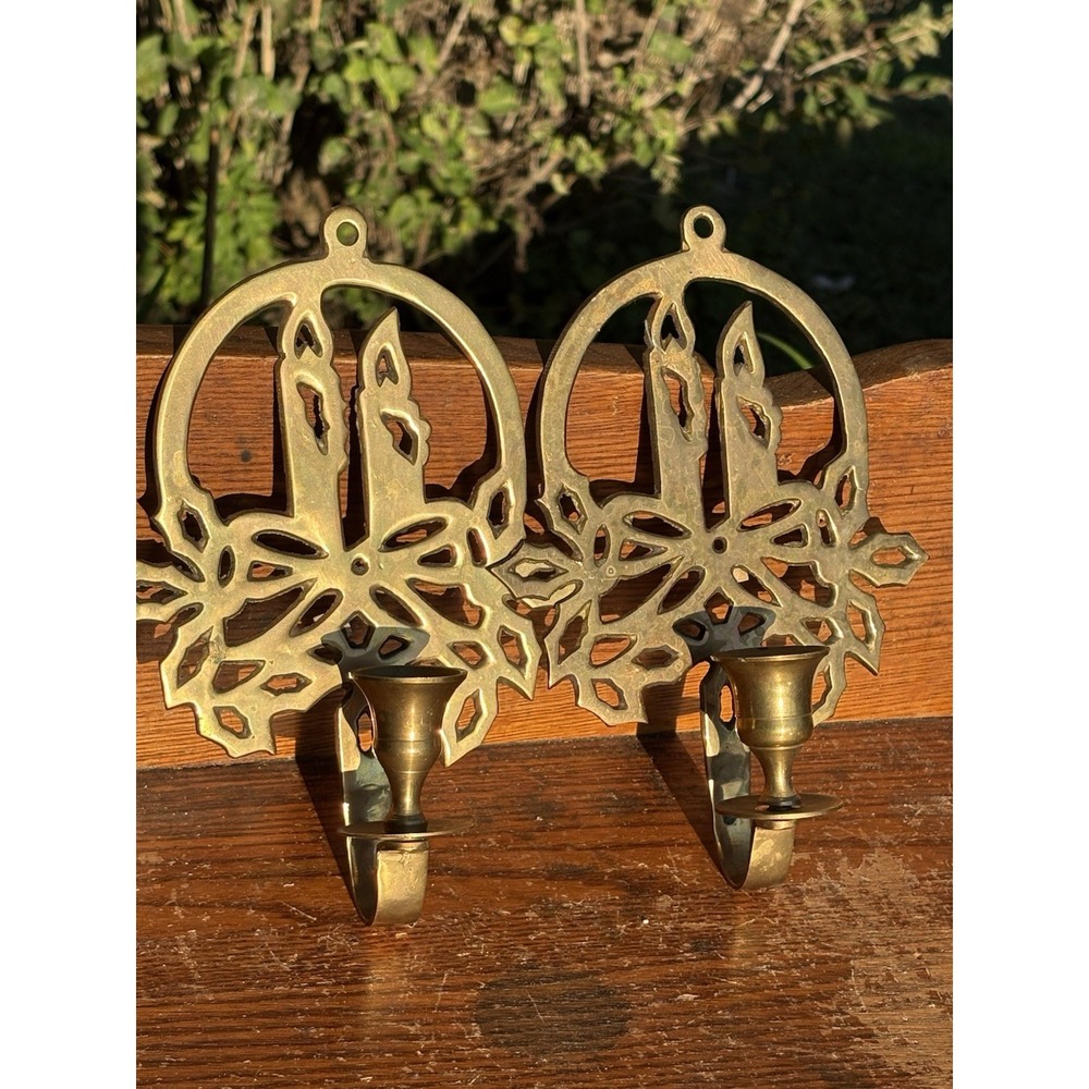 Vintage Pair Brass Christmas Wall Sconce Candle Holder Set Of 2 Holly Bow 8"